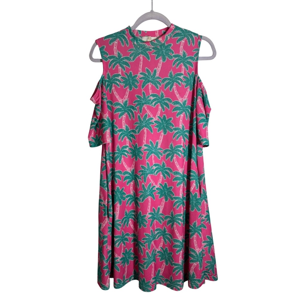 Simply Southern Dress Pink with Green Palm Tree Cold Shoulder Size M pockets